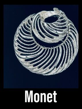 Vintage Signed Monet Large Silver Tone Swirl Brooch